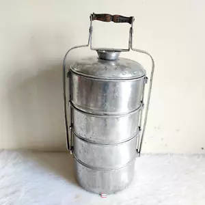 Vintage Aluminium Tiffin Verpackung Mittagessen Träger 4 Fächer Alt Sammel MT137 - Bild 1 von 9