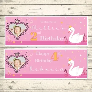 2 PERSONALISED PHOTO SWAN PRINCESS BIRTHDAY BANNERS - ANY NAME/AGE - Picture 1 of 4