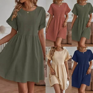 Damen Einfarbig Lässig Kurzarm T-Shirt Kleid Locker Sommerkleid Sommer æ - Bild 1 von 19