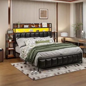 Metallbett LED Bett Doppelbett 160x200 mit Stauraum Kopfteil und Regale Schwarz - Bild 1 von 8