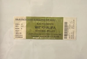 RARE - Wiz Khalifa X MAC MILLER 4/26/11 Bryce Jordan PSU Concert Ticket Stub - Picture 1 of 9