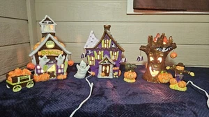Ceramic Lighted Halloween Village Set 7-piece Spooky Houses Tree Ghost JCPenney - Picture 1 of 7