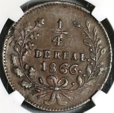 1866 NGC AU 50 Sinaloa 1/4 Real Quarto Mexico Culiacan Coin POP 2/1 (20062701C) - Image 1 of 4