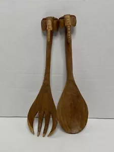 Wooden Hand Carved Elephant Head Salad Fork and Spoon African Style 12 Inches - Picture 1 of 6