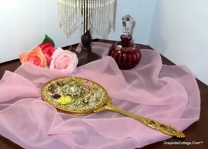 Elegant Jeweled Vanity Mirror • Handcrafted w/Vintage Jewelry • Hollywood Glam - Picture 1 of 8