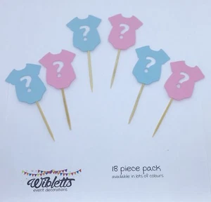 GENDER REVEAL ROMPER BABY SHOWER PINK BLUE BOY GIRL ? PAPER CUPCAKE TOPPER PICKS - Picture 1 of 8