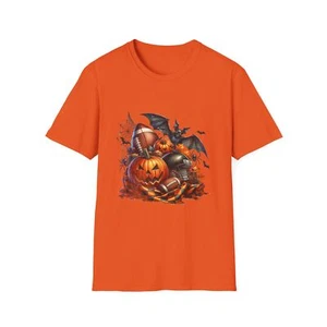 Herbst Halloween Fledermaus Fußball Kürbis Unisex Softstyle T-Shirt - Bild 1 von 33