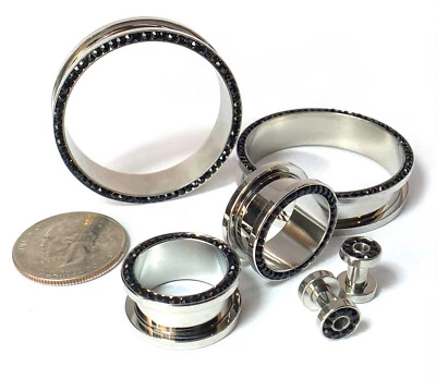 PAIR Black CZ Gem Rimmed 316L Surgical Steel Screw Fit Tunnels Plugs Gauges - Image 1 of 4