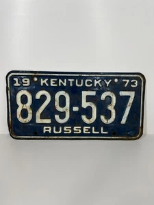 Vintage USA 1973 Kentucky Russell Vehicle Number Plate 829-537 white on blue - Picture 1 of 6