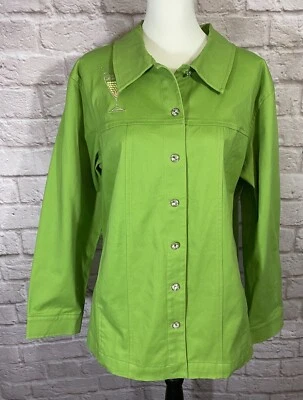 Quacker Factory Jacket Womens 1X Green Sparkle Buttons Martini Embroidered 9429 - Image 1 of 4