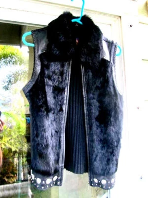 Cripple Creek Studded Black Leather Fur Zip Vest w Concho Detail / Black  Size M - Image 1 of 4