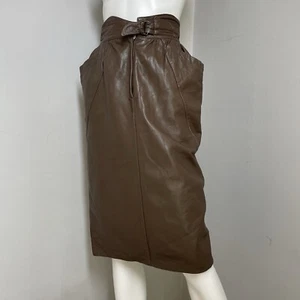 Falda de cuero real marrón chocolate hasta la rodilla talla 8 tiro alto lujo años 80 70 - Imagen 1 de 13