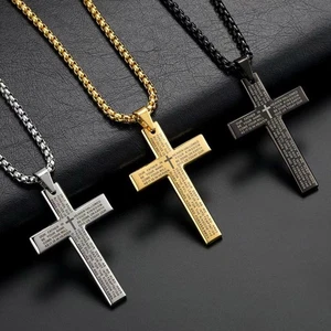 Cross Necklace for Men Women Steel Engrave Lord's Prayer Pendant - Picture 1 of 12