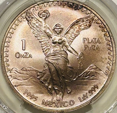 1995 Mo Mexico Silver Onza Libertad PCGS MS68 Lavender Toned 500k Mintage - Image 1 of 4