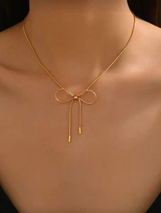 Gold Plated Stainless Steel Bow Pendant Necklace - Picture 1 of 3