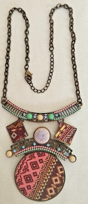 Collar Boho Tribal Distintivo Tono Bronce Geométrico Tela Azteca Babero Colgante Foto 1 de 4