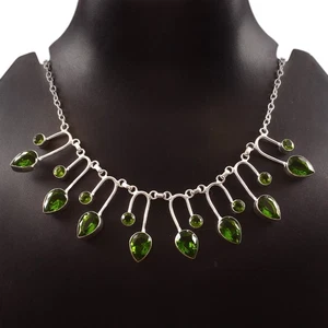 ot925 Sterling Silver Rose Cut Green Peridot Gemstone Jewelry Handmade Necklace - Picture 1 of 3