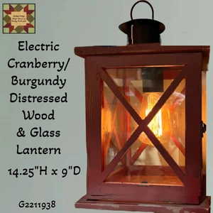 Cranberry/Burgundy Wood & Glass Electric Lantern, 14.25"H - Picture 1 of 6