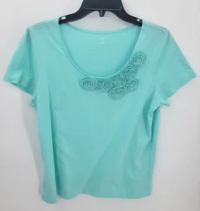 Lands End Top Womens Medium Blue Green 3D Rosettes Short Sleeve Boho Artsy - Picture 1 of 9