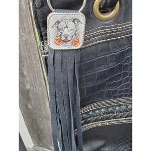 Portachiavi lungo fatto a mano boho pitbull amante della pelle frange western borsa charm  - Foto 1 di 3