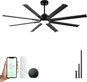 72 Inch Ceiling Fan with Light,Industrial Ceiling Fan with 8 Black Aluminium Bla - Picture 1 of 12