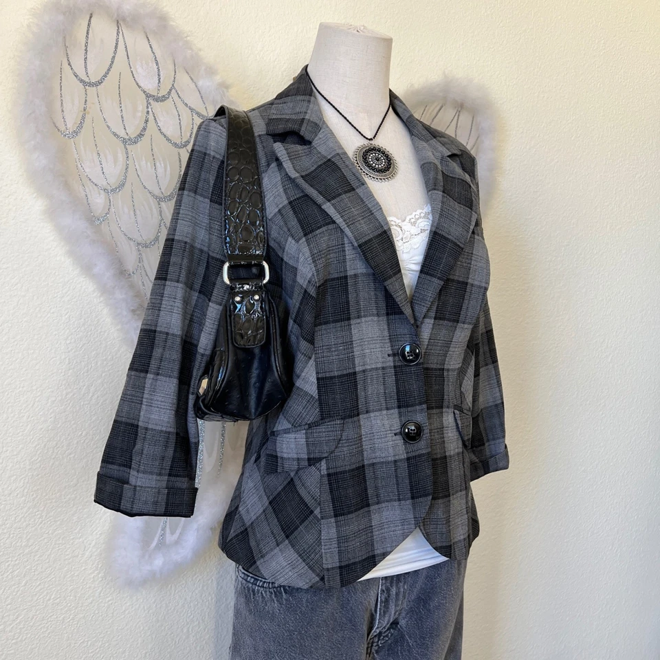 2000s Emo Grunge Gray Plaid Blazer Jacket Grey Black L Cropped 3/4 Sleeve - Image 1 of 4