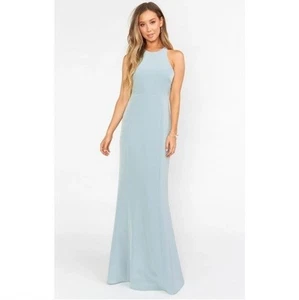 Show Me Your Mumu Size M Chicago High Neck Gown Maxi Dress Light Blue Sage Crepe - Picture 1 of 6