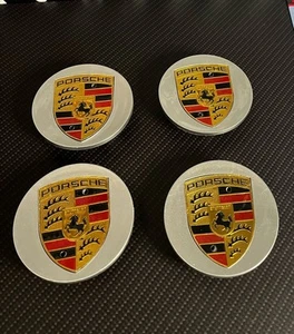 Porsche Alloy Wheel Centre Caps Silver With Colour Crest 76 mm. 911 Boxster etc. - Picture 1 of 3