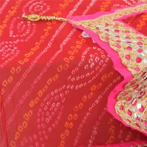Sanskriti Vintage Dupatta Long Stole Red Pure Georgette Embroidery Bandhani Veil - Picture 1 of 11