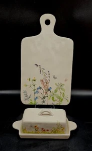 Hand Paint Flower Garden Butterfly Ceramic Covered Butter Dish & Cutting Board - Picture 1 of 24