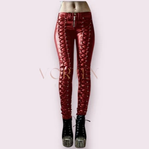 Women's Red Lace Up Style Leather Pant Slim Fit Pant Real Lambskin Leather Pant - Picture 1 of 2