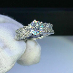 Anello di fidanzamento floreale in oro bianco massiccio 14 carati con diamant... - Foto 1 di 6