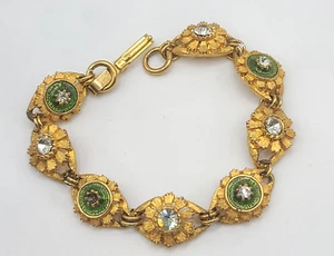 Vintage Rhinestone Bracelet Flowers Gold Tone 7" - Picture 1 of 13