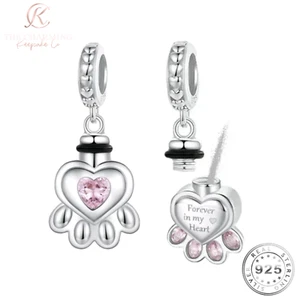 Pet Dog / Cat Paw Cremation Ashes Charm 925 Sterling Silver - Memorial Urn - Picture 1 of 6