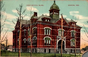 POSTCARD HIGH SCHOOL BUILDING MARION INDIANA - 1910 CORNER MISSING - Picture 1 of 2