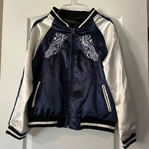 ZAFSI BLINGS Reversible Satin Bomber Jacket Embroidered Peacock Women’s M - Picture 1 of 18