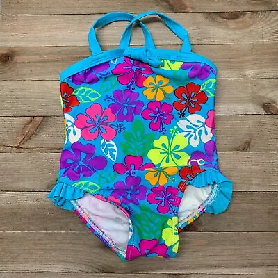 OCEAN PACIFIC® OP® Baby Girl One Piece Swim Suit Size 12M Blue Hawaiian Flowers - Image 1 of 4
