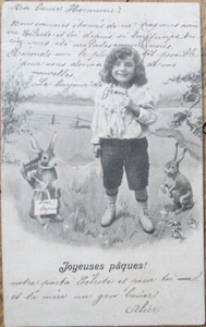 Ostern 1903 französische Fantasy Postkarte, gekleidete Hasen und kleines Mädchen - Bild 1 von 1