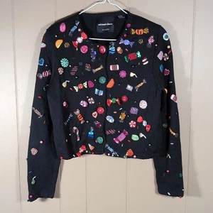 Michael Simon Christmas Candy Sweater Cardigan Size Medium Black Beaded Ramie - Picture 1 of 9