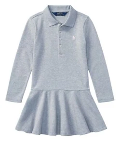 Polo Ralph Lauren Girls Gray Cotton Long-Sleeve Polo Shirt Dress Large 12-14 - Picture 1 of 12