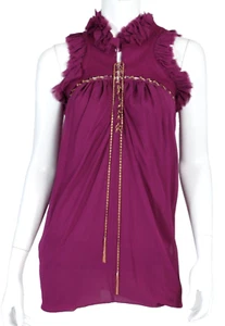 ROBERTO CAVALLI Magenta Purple Silk & Wool Ruffled Chain-Detail Blouse 38 - Picture 1 of 7
