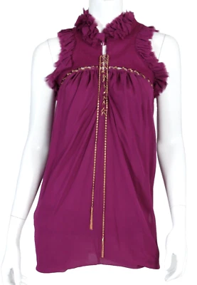 ROBERTO CAVALLI Magenta Purple Silk & Wool Ruffled Chain-Detail Blouse 38 - Image 1 of 4