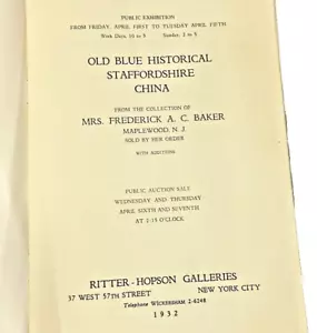Old Blue Staffordshire China 1932 Auction Catalog Ritter Hopson New York - Bild 1 von 9