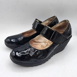 Fly London Leather Women's Wedge Shoes Black Size US 10.5 EU 41 Gloss Strap Goth - Picture 1 of 8