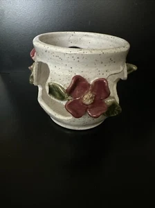 Handthrown Stoneware CUTWORK Candle HOLDER Maroon Dogwood Applied TRIM Signed - Picture 1 of 4