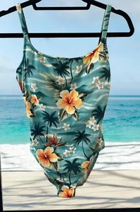 LEILANI Women's Floral Open Back One-Piece Swimsuit Size 12 palm trees hibiscus - Picture 1 of 6