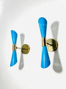 1950's Mid Century Blue Brass Italian Diabolo Wall Sconces Light - Fixture 2 Bul - Picture 1 of 7