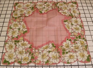 VTG Handkerchief Pink w/ White Floral Rolled Scalloped Hem - Philippines - Picture 1 of 4