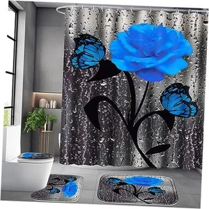 4 Pcs Bathroom Set,Blue Rose Shower Curtain Sets, Floral Shower Curtain Sets - Picture 1 of 7