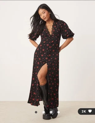 NWOT Miss Selfridge Lace Trim Button Through Maxi Size 10 in Black Rose Print - Image 1 of 4